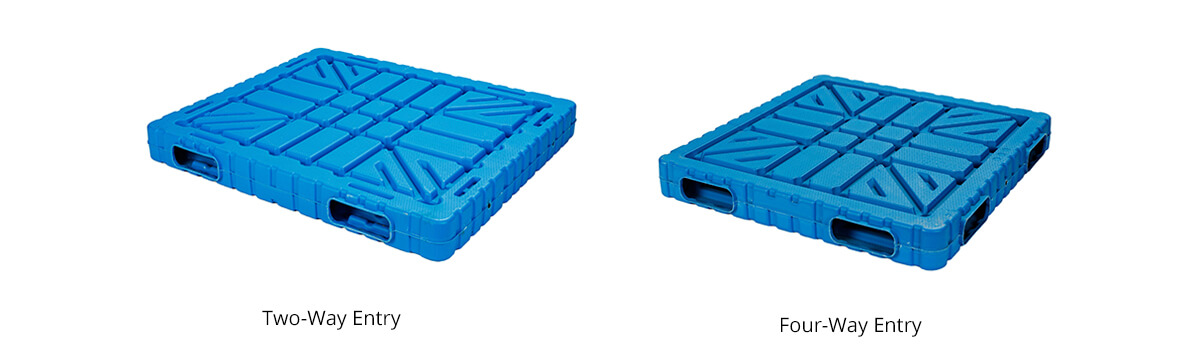Double-sided plastic pallet showing front and back design with four-way and two-way forklift entry