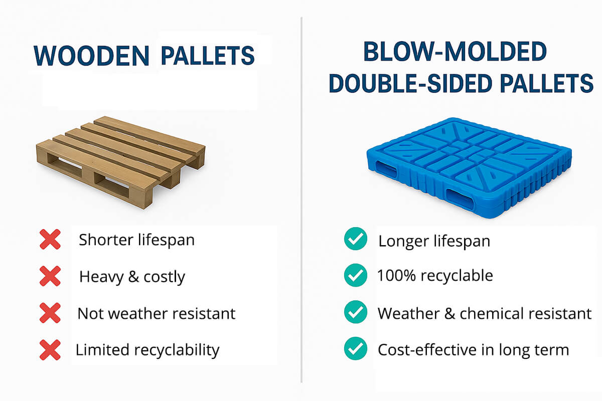 Comparison chart between wooden, metal, and blow-molded double-sided plastic pallets highlighting durability, recyclability, and cost advantages
