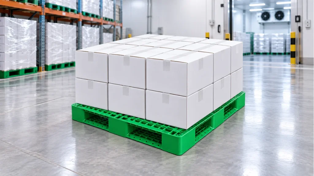 Illustrative green six-runner plastic pallet with sealed cartons in a chilled warehouse