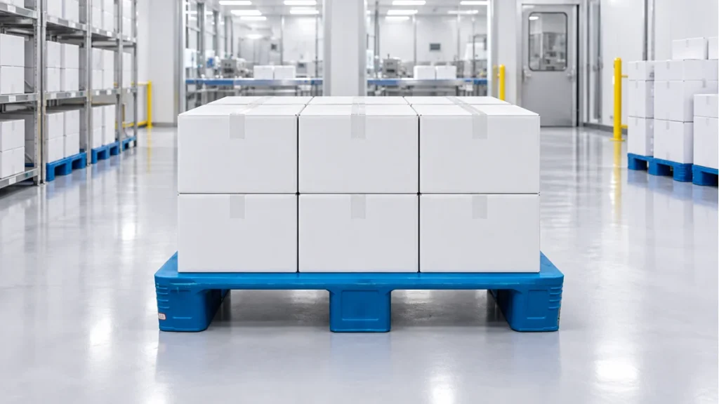 Illustrative blue flat-deck three-runner plastic pallet carrying sealed cartons in a clean packaging warehouse