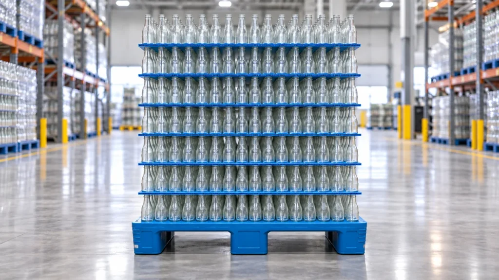 Illustrative blue three-runner plastic pallet carrying eight layers of empty glass bottles separated by blue corrugated polypropylene hollow-board sheets