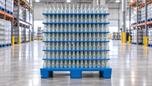 Illustrative blue three-runner plastic pallet carrying eight layers of empty glass bottles separated by blue corrugated polypropylene hollow-board sheets