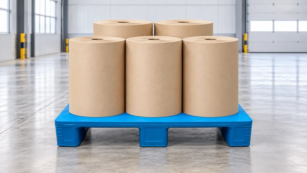 Illustrative blue flat-deck three-runner plastic pallet carrying upright kraft paper rolls