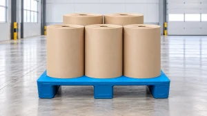 Illustrative blue flat-deck three-runner plastic pallet carrying upright kraft paper rolls