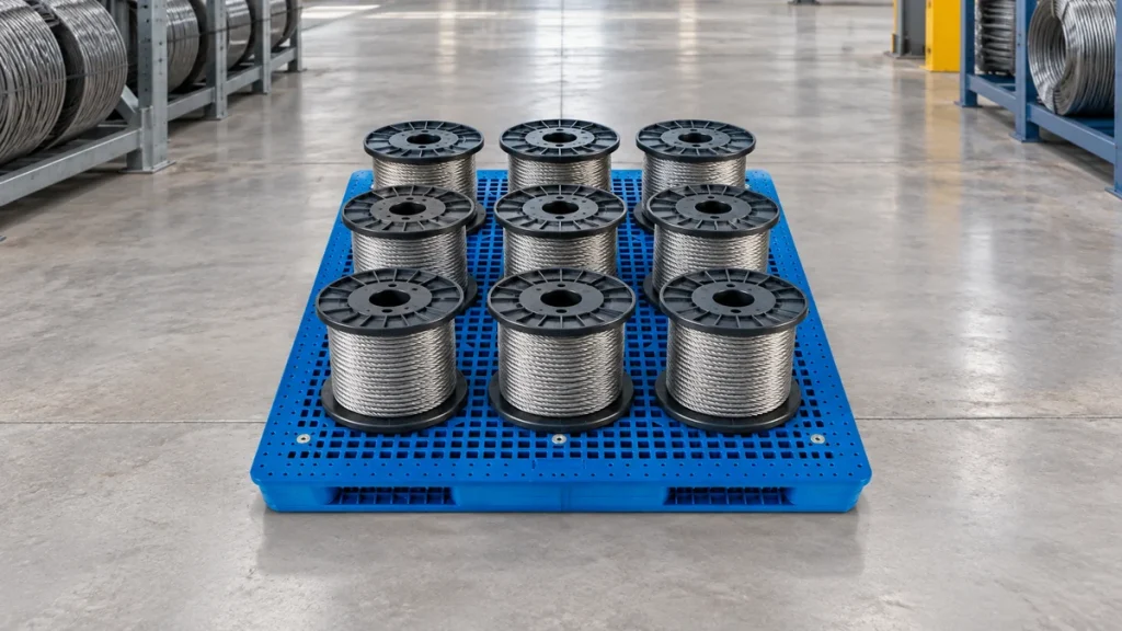 Illustrative blue double-sided grid-deck plastic pallet carrying steel cord spools