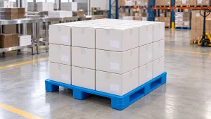 Blue flat-deck plastic pallet supporting sealed pharmaceutical packaging cartons
