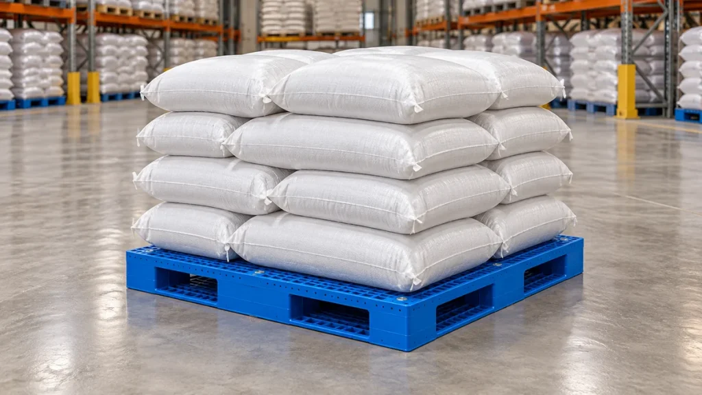 Blue grid-deck plastic pallet supporting a stable load of plain bagged animal feed