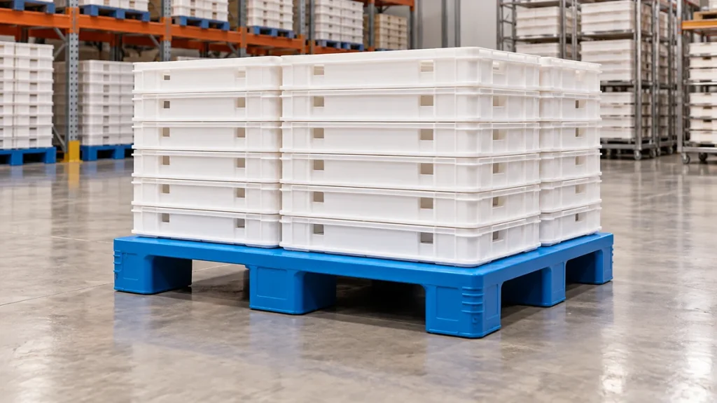 Blue flat-deck three-runner plastic pallet supporting a stable stack of plain white bakery trays