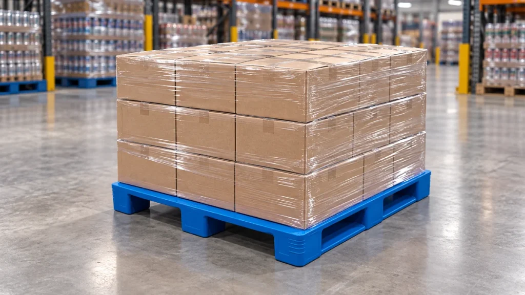 Blue three-runner flat-deck plastic pallet loaded with beverage-can cartons