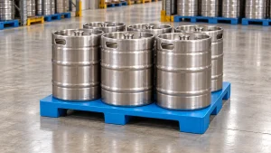 Blue flat-deck three-runner plastic pallet carrying upright stainless-steel beverage kegs