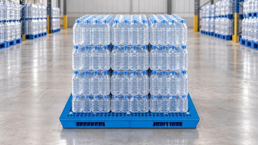 Illustrative blue double-sided grid-deck plastic pallet carrying shrink-wrapped bottled-water packs