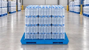 Illustrative blue double-sided grid-deck plastic pallet carrying shrink-wrapped bottled-water packs