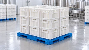 Illustrative blue double-sided plastic pallet carrying stacks of plain white dairy crates