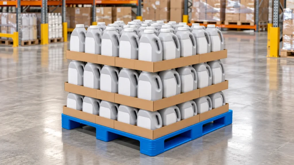 Blue flat-deck plastic pallet supporting tray-packed detergent containers