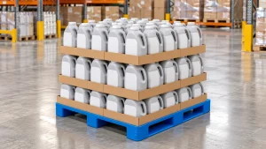 Blue flat-deck plastic pallet supporting tray-packed detergent containers