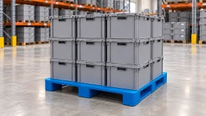 Blue flat-deck three-runner plastic pallet supporting grey reusable distribution totes in a fulfillment warehouse