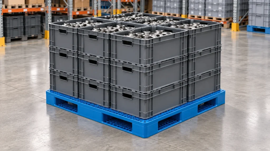 Blue double-sided grid-deck plastic pallet supporting stacked returnable crates of industrial components
