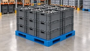 Blue double-sided grid-deck plastic pallet supporting stacked returnable crates of industrial components