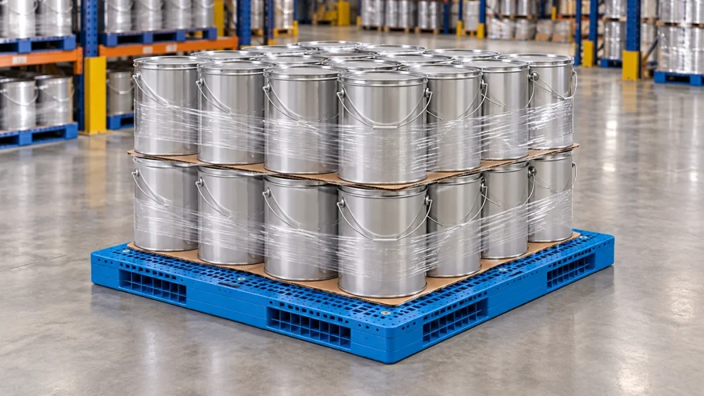 Blue double-sided grid-deck plastic pallet loaded with paint and coating containers