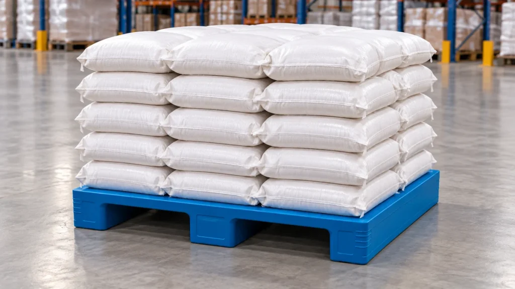 Blue three-runner flat-deck plastic pallet loaded with woven bags in a warehouse
