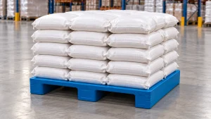Blue three-runner flat-deck plastic pallet loaded with woven bags in a warehouse