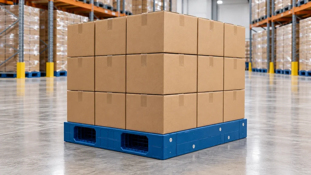 Blue double-faced plastic pallet carrying a stable carton load with fork-entry openings visible