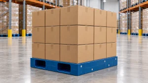 Blue double-faced plastic pallet carrying a stable carton load with fork-entry openings visible